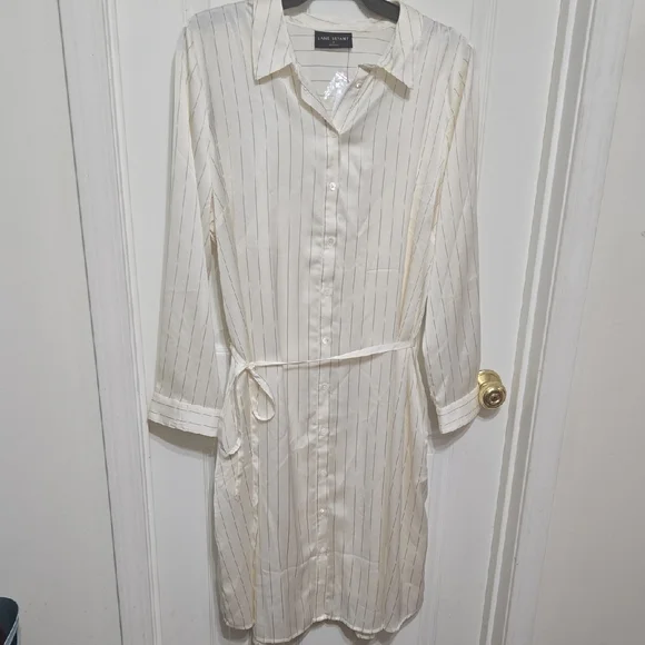 Lane Bryant Cream Striped Button-Up Dress - Picture 2 of 7
